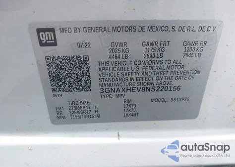 2022 Chevrolet Equinox Fwd Ls из США, поврежденный, VIN 3GNAXHEV8NS220156